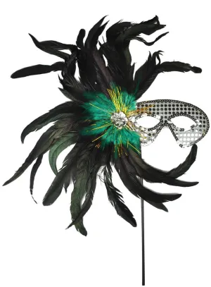 Carnival Flat Feather Silver Masquerade Mask on Stick