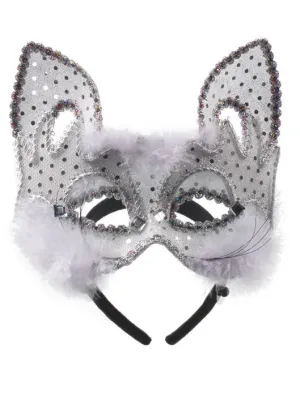 Carnival White Cat Face Masquerade Mask on Headband