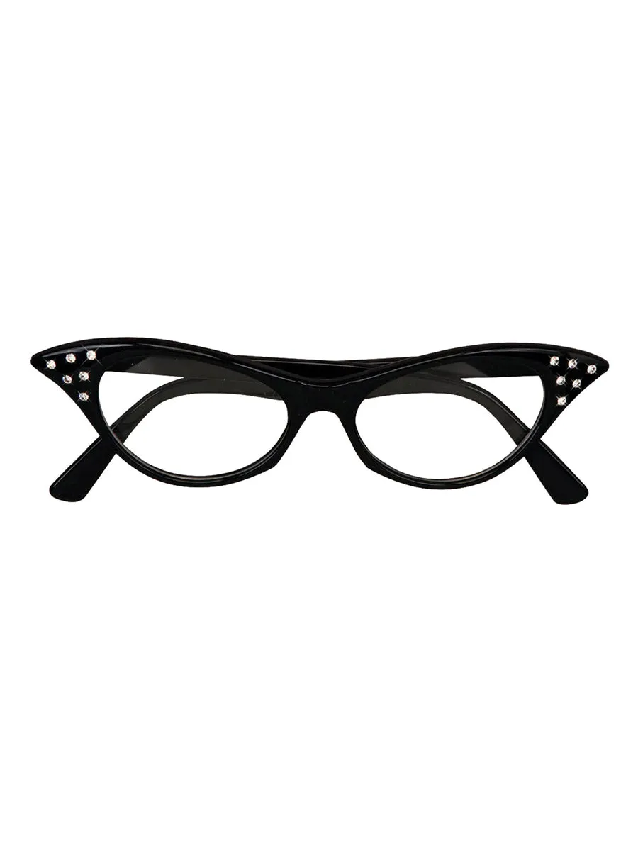 Cat-Eye 1950s Black Rhinestone Costume Glasses