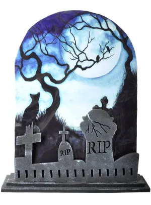 Cat in Moonlit Graveyard Tombstone with Lights and Sound