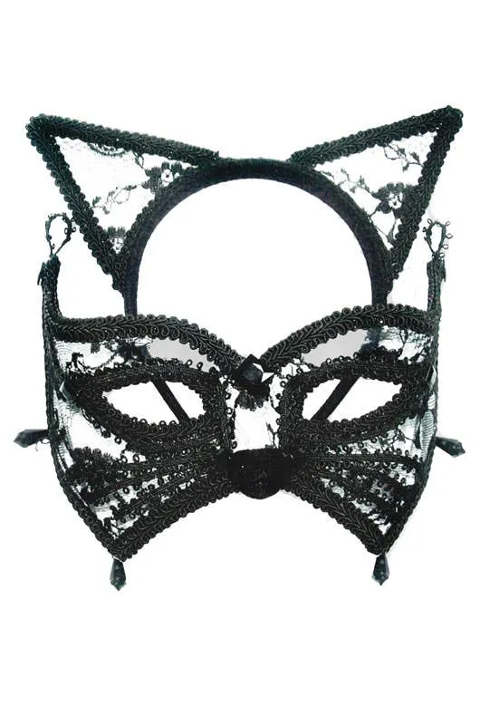 Cat Masquerade Mask in Black Lace on Headband