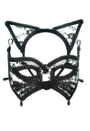 Cat Masquerade Mask in Black Lace on Headband