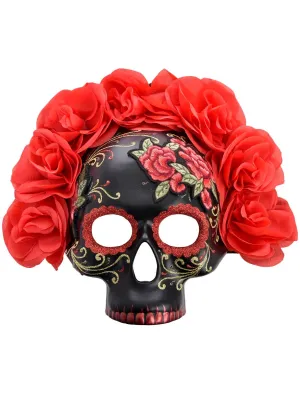 Catalina Black Sugar Skull Masquerade Mask with Red Flowers