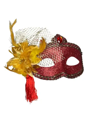 Celebration Red Glitter Masquerade Mask With Gold Flower