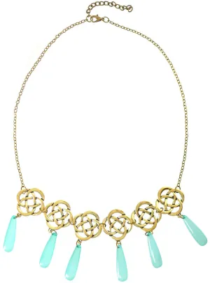 Celtic Brass Look Costume Necklace with Teal Stones