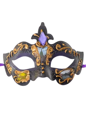 Charcoal Crackle Black and Purple Baroque Masquerade Mask