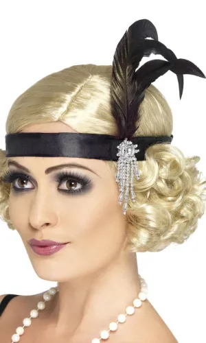 Charleston Flapper Black Satin 1920s Headband