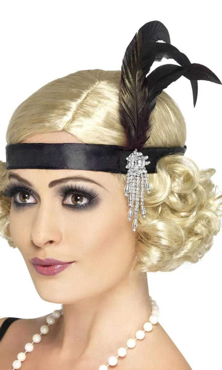 Charleston Flapper Black Satin 1920s Headband