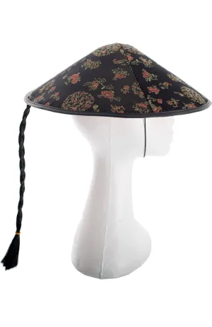 Chinese Black Satin Brocade Hat with Plait