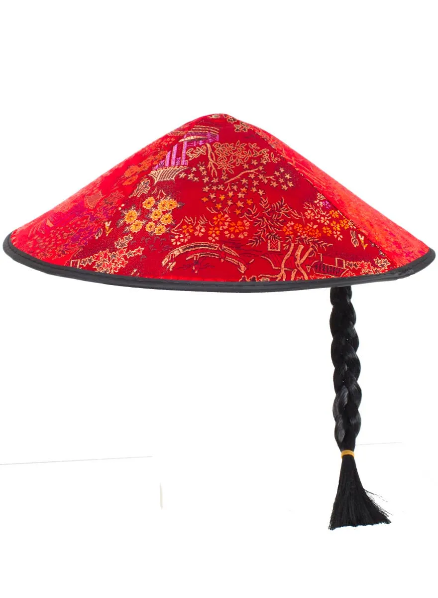 Chinese Red Satin Brocade Hat with Plait