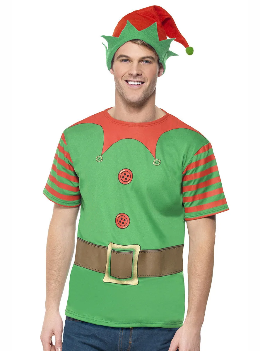 Christmas Elf Mens Costume Shirt And Hat Set