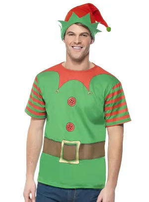 Christmas Elf Mens Costume Shirt And Hat Set
