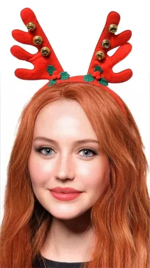 Christmas Reindeer Red Antlers with Bells Headband Accessory