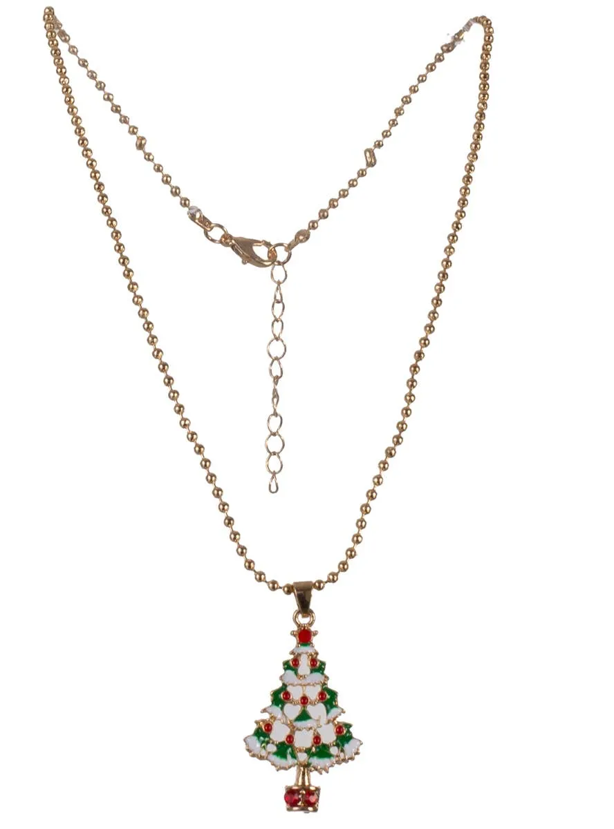 Christmas Tree Pendant on Gold Bead Necklace