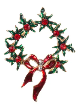 Christmas Wreath Red and Green Jewelled Enamel Brooch