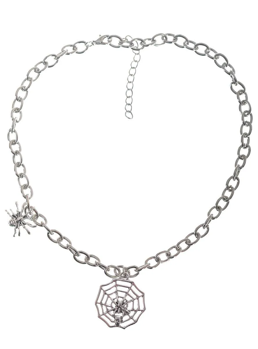 Chunky Silver Halloween Costume Necklace with Spider Pendants