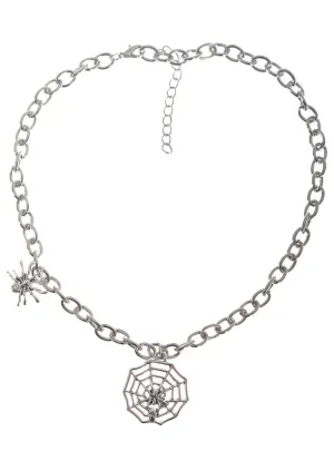 Chunky Silver Halloween Costume Necklace with Spider Pendants