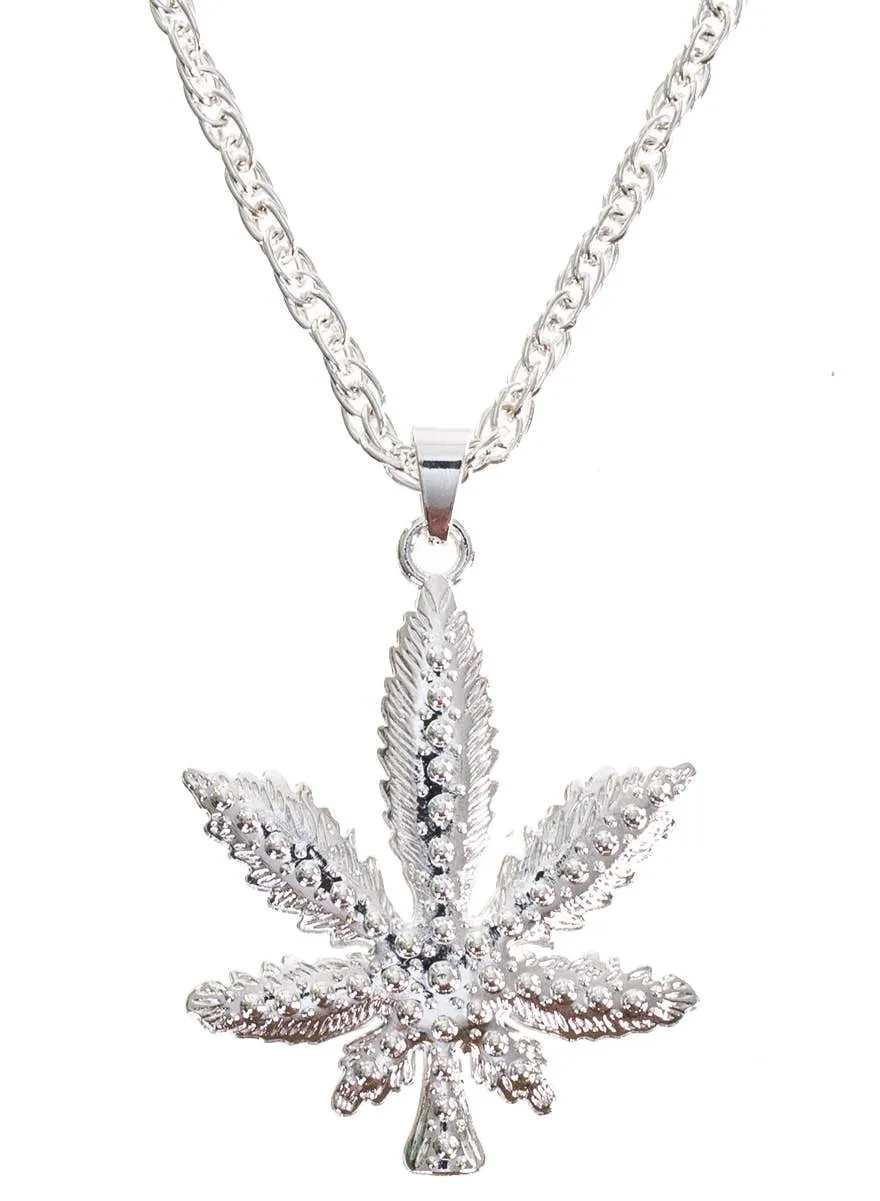 Chunky Silver Marijuana Leaf Hippie Costume Necklace