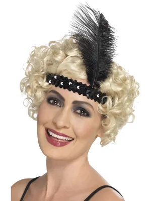Classic 1920s Black Sequin Feather Flapper Headband