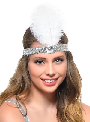 Classic 20s Silver Sequin Flapper Headband with White Feather