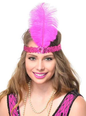 Classic Hot Pink Sequined Flapper Headband with Pink Feather