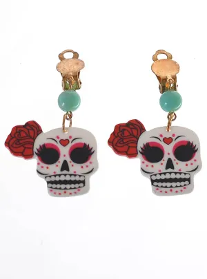 Clip On Day of the Dead Sugar Skull Costume Earrings
