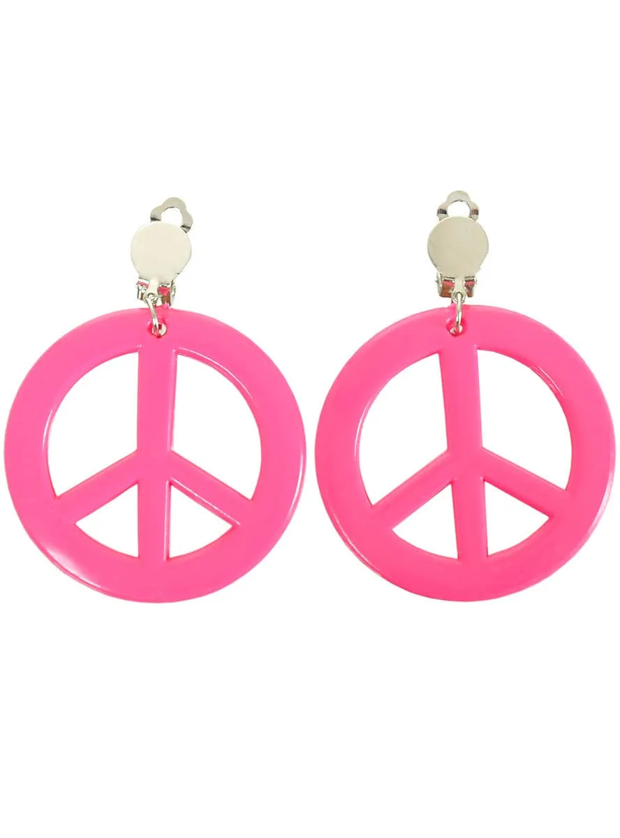 Clip-on Pink 70s Peace Sign Hippie Costume Earrings