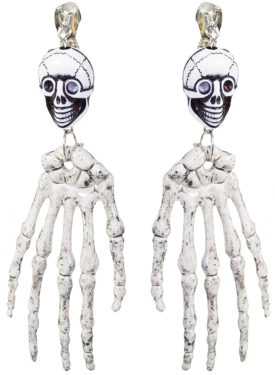 Clip On Skeleton Hand and Skulls Halloween Earrings