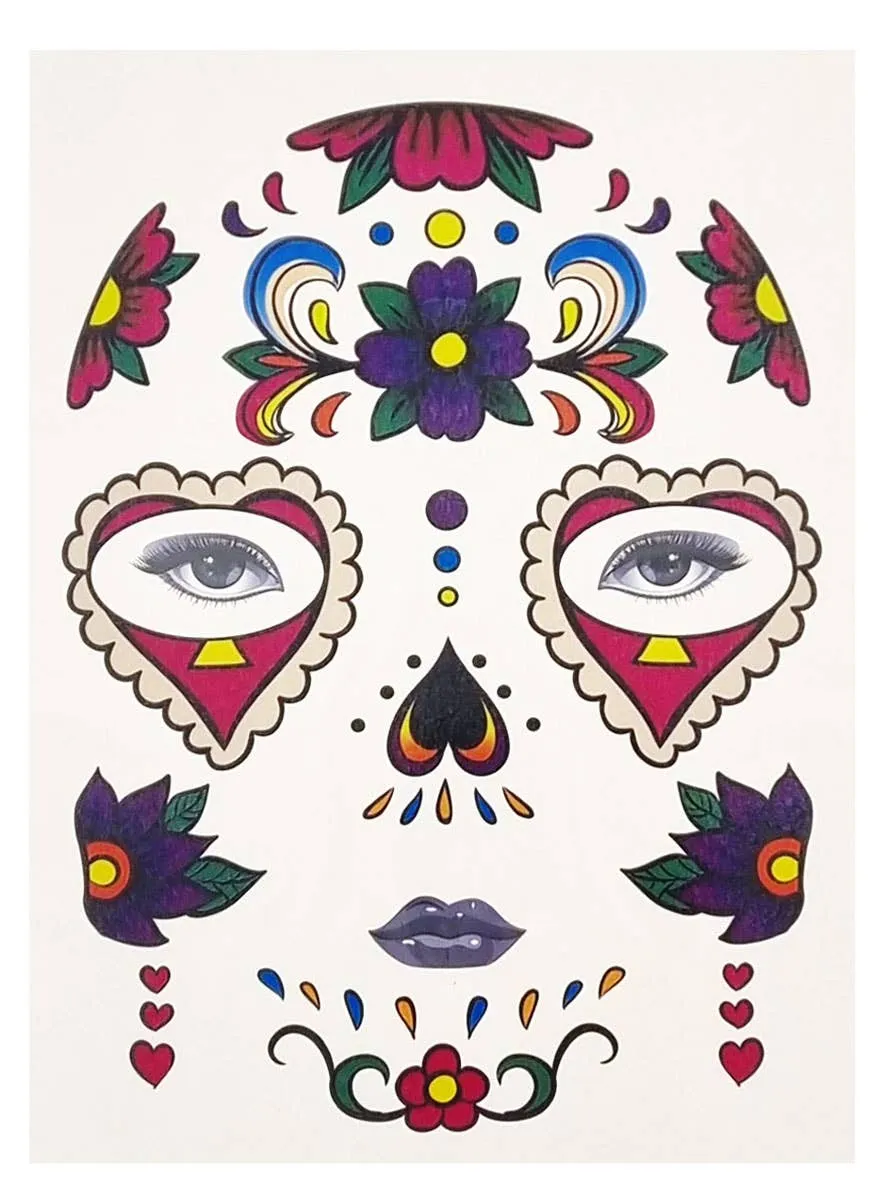 Colourful Floral Day of the Dead Temporary Face Tattoo
