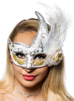 Crackle Paint Luxury White Feather Masquerade Mask