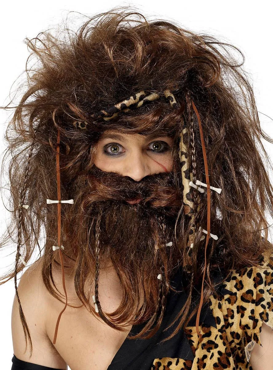 Crazy Caveman Mens Brown Wig and Beard Set