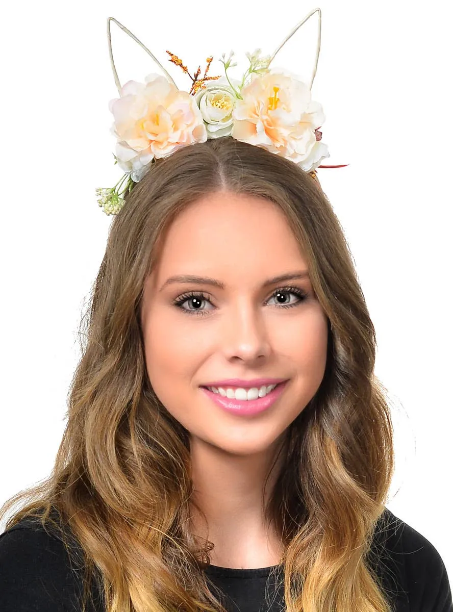 Cream Flowers on Headband with Wire Bunny Ears