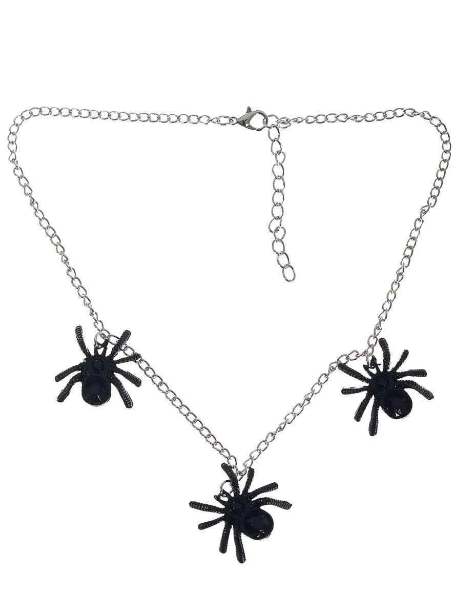 Creepy Black Rhinestone Spiders Halloween Costume Necklace