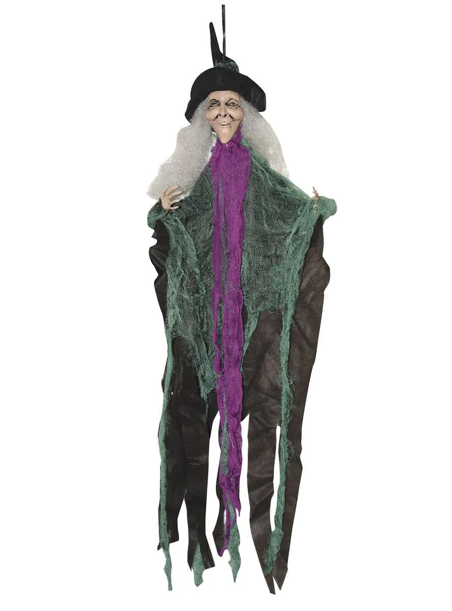 Creepy Hanging Tattered Green and Purple Witch Halloween Decoration