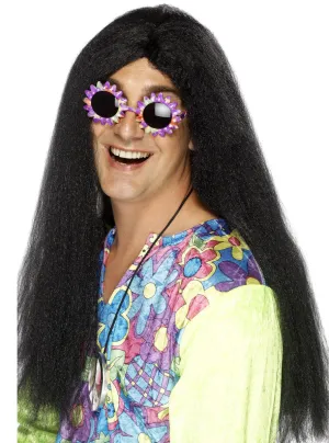 Crimped 1970s Mens Long Black Costume Wig