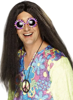 Crimped Long Black Mens 60s Hippie Wig