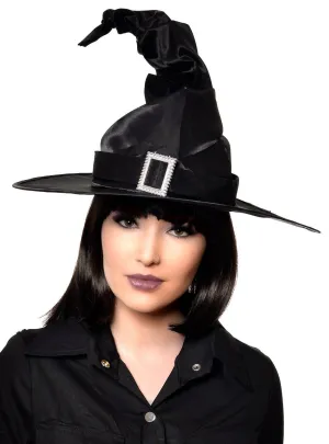 Crooked Black Satin Witch Hat with Buckle