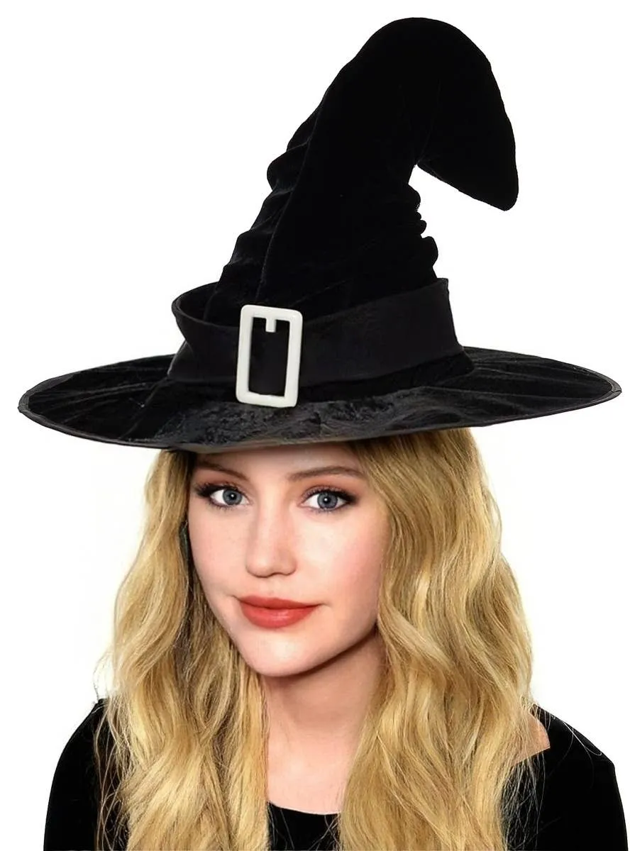Crooked Black Velvet Witch Costume Hat with Buckle