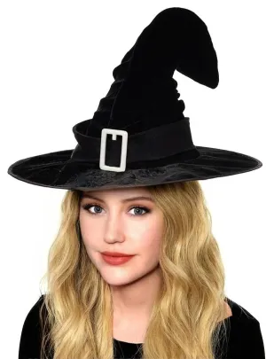 Crooked Black Velvet Witch Costume Hat with Buckle