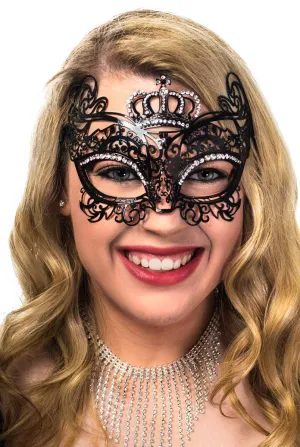 Crown Princess Black Metal Masquerade Mask with Diamantes