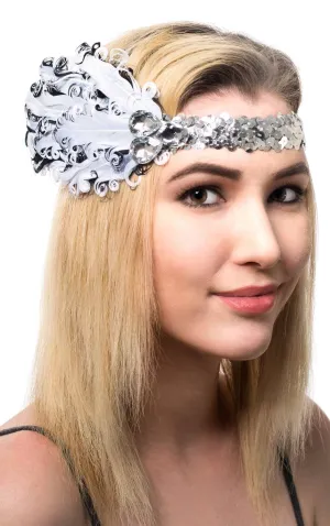 Curled Feathers Black and White Flapper Headband