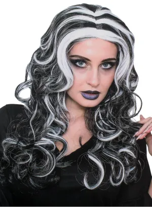 Curly Black and White Streaked Womens Costume Wig