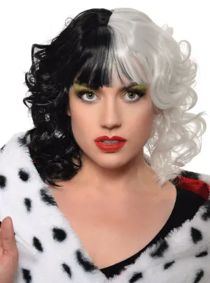 Curly Black and White Womens Costume Wig with Fringe
