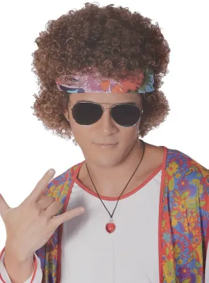 Curly Brown 1970s Mens Afro Wig with Headband