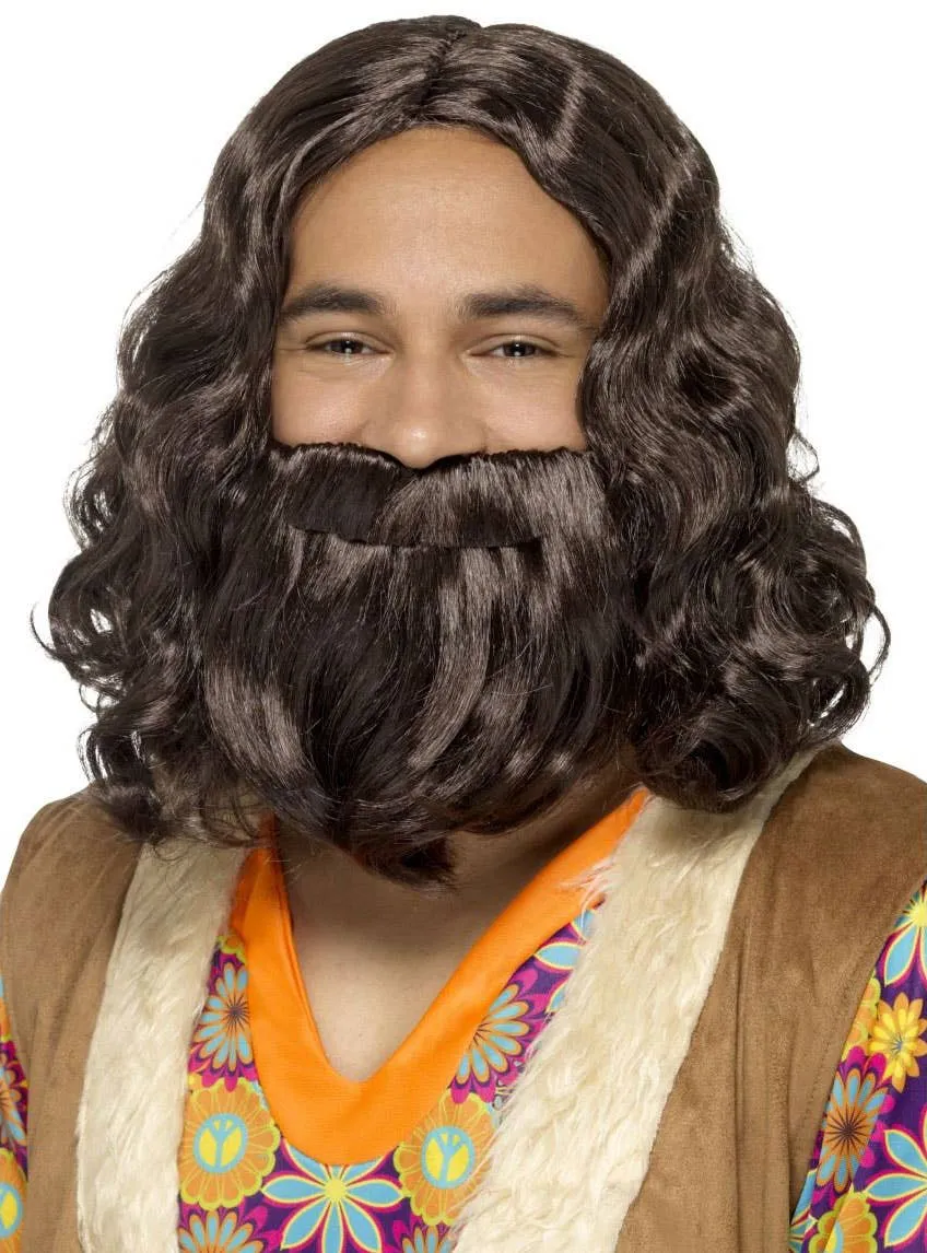 Curly Brown 1970s Mens Hippie Costume Wig and Beard Set