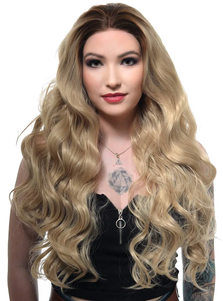 Curly Long Blonde Lace Front Fashion Wig with Brown Roots