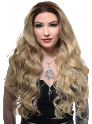 Curly Long Blonde Lace Front Fashion Wig with Brown Roots