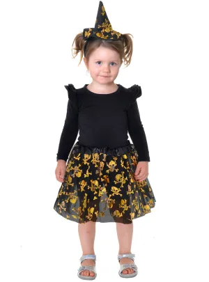 Cute Black and Gold Toddler Tutu and Witch Hat Costume Set