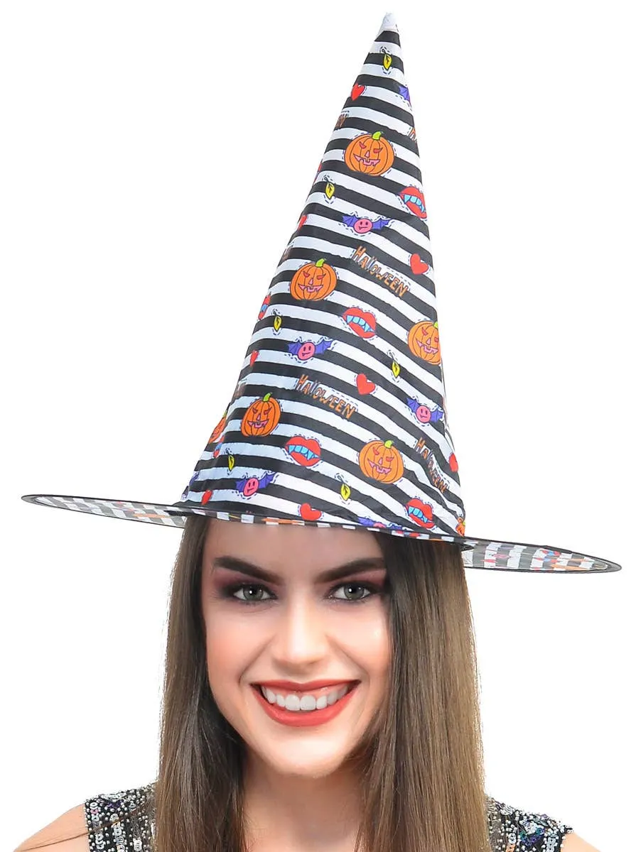 Cute Black and White Stripe Halloween Print Witch Hat
