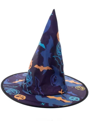 Cute Blue and Orange Halloween Bat Print Witch Hat